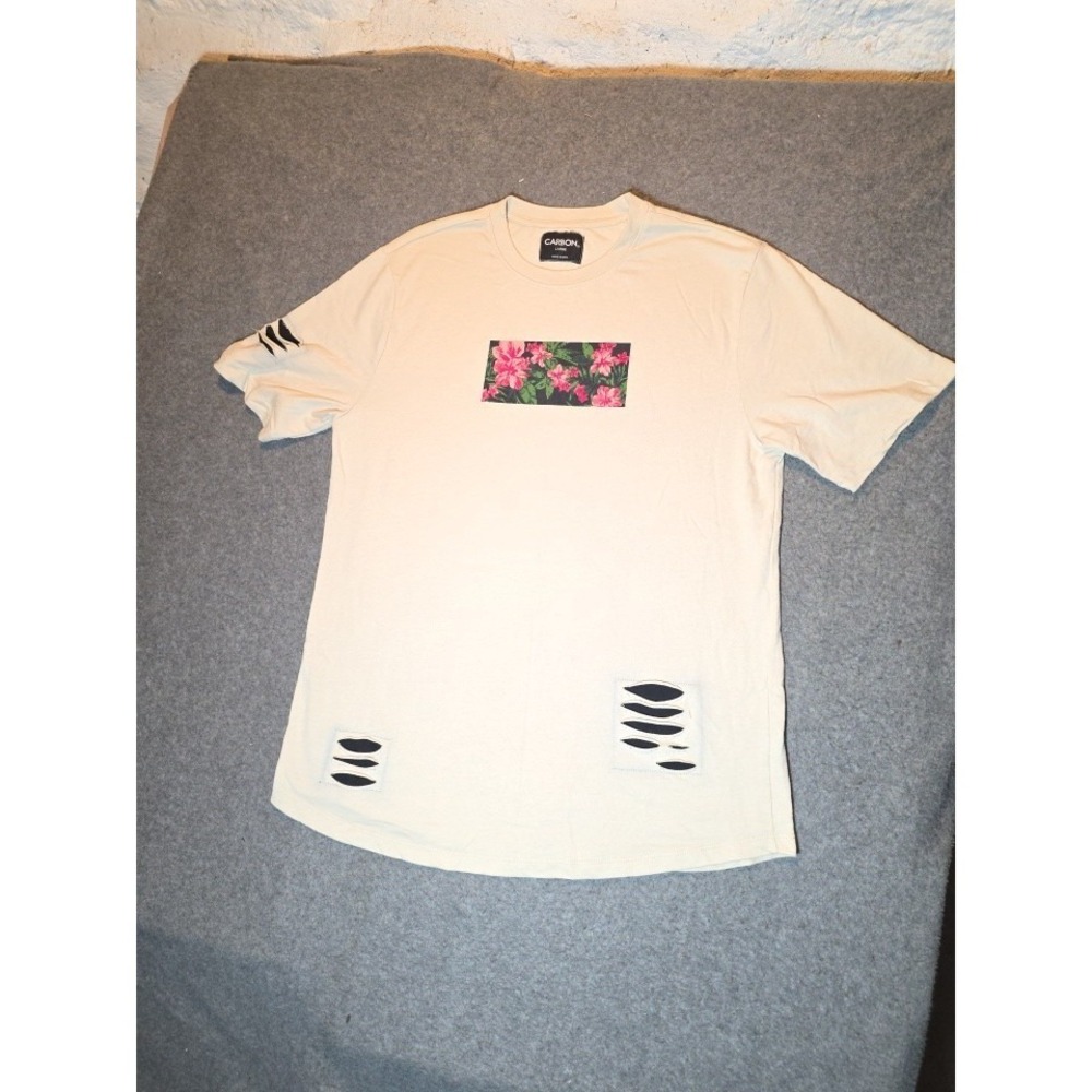 Carbon Shirt Mens Large Beige Floral Graphic Distressed Slashed Back Stripe 403